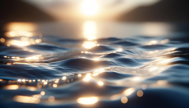 Close-up di superficie d'acqua calma con riflessi del tramonto contro le montagne che esprimono tranquillità AI generativa