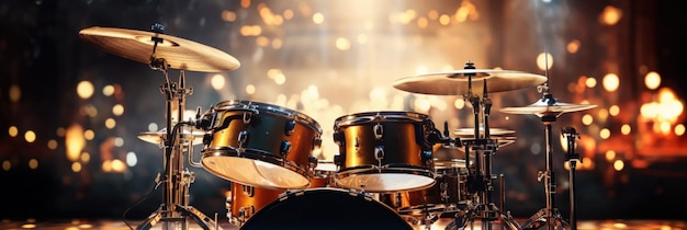 Close-up di tamburi impostati su uno sfondo festivo concetto di concerto rock AI generativa