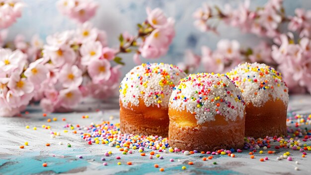 Close-up di torta di Pasqua su sfondo blu con fiori