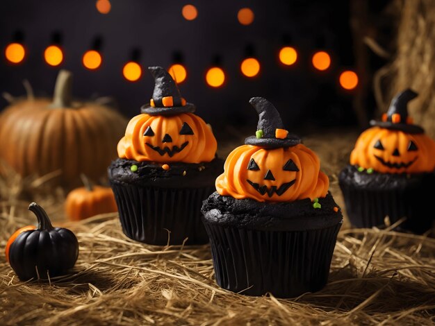 Close-up di tre cupcake a tema Halloween su zucche di fieno sullo sfondo