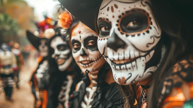 Close-up di tre giovani donne con i volti dipinti Le donne sono vestite con abiti tradizionali messicani e indossano vernice per il viso simile a un cranio