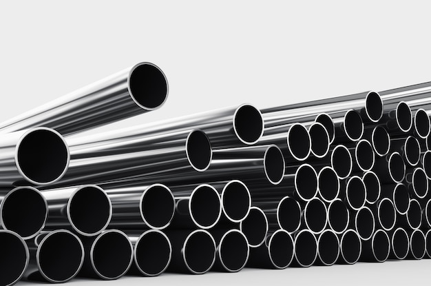 Close-up di tubi metallici su sfondo bianco. Un mucchio di tubi di ferro isolato su uno sfondo bianco. Illustrazione di rendering 3D