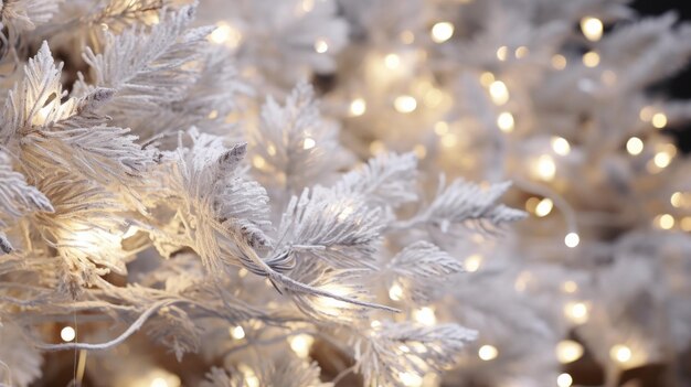 Close-up di un albero di Natale artificiale bianco decorato con luci bianche calde
