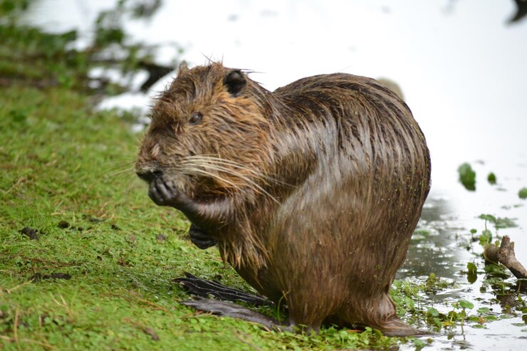 Foto close-up di un animale bagnato sulla riva del lago