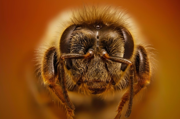 Close-up di un'ape mellifera su uno sfondo colorato