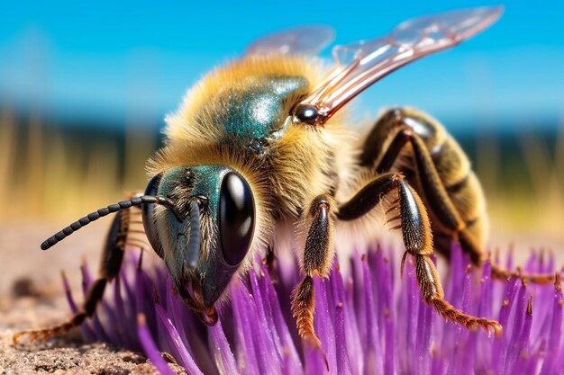 Close-up di un'ape su un fiore con una scatola di biblioteca all'aperto sullo sfondo