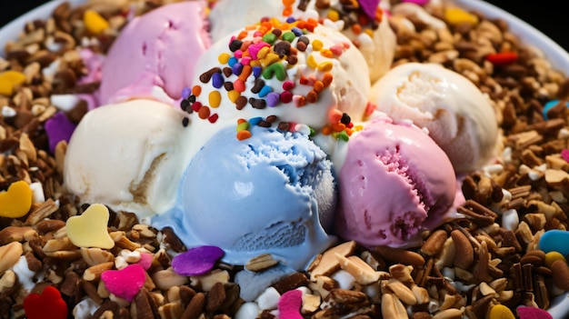 Close-up di un assortimento vibrante di topping di gelato tra cui spruzzate colorate noci tritate