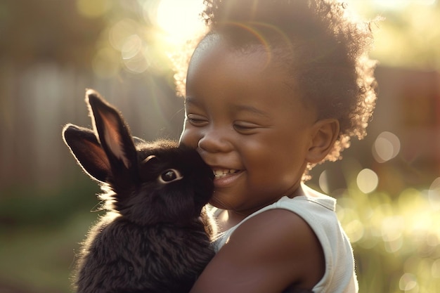 Close-up di un bambino africano felice che abbraccia un coniglietto nero