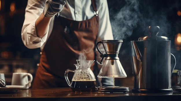 Close-up di un barista che prepara un delizioso caffè AI Generative AI