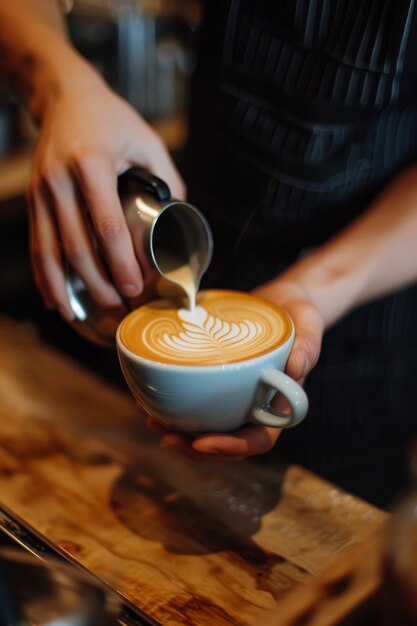 Close-up di un barista che versa latte per creare un modello di cuore in un latte in un caffè