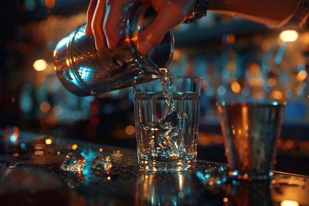 Close-up di un barista che versa un bicchiere di vodka in