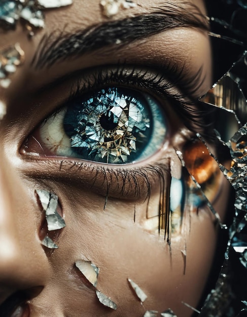 Close-up di un bellissimo occhio femminile con effetto di vetro rotto Immagine fantasiosa ai generative