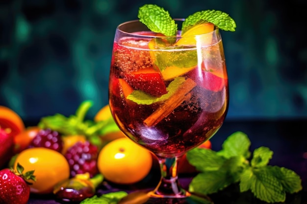 Close-up di un bicchiere di sangria con guarnizione di frutta e foglie di menta create con ai generativi