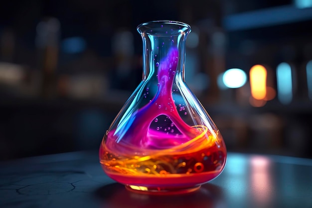 Close Up di un bicchiere scientifico pieno di liquidi multicolori AI Generative
