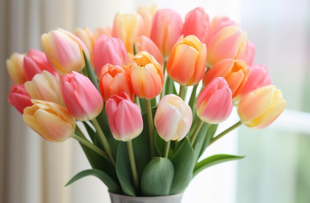 Close-up di un bouquet di tulipani rosa e arancione in un vaso natura morta