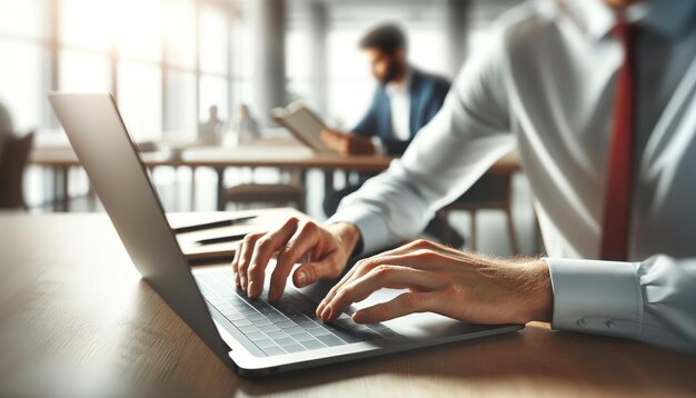 Close up di un business professionisti mani digitando su una tastiera portatile con colleghi in discussione sullo sfondo
