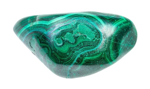 Close-up di un campione di minerale naturale proveniente da una collezione geologica, gemma di malachite lucidata isolata su sfondo bianco