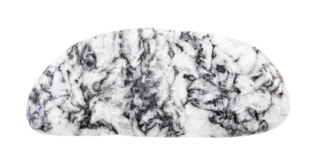 Close-up di un campione di minerale naturale proveniente da una collezione geologica, pietra magnesita grigia lucida isolata su sfondo bianco