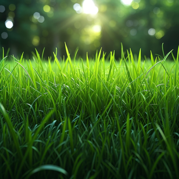 Close-up di un campo di erba verde con alberi sfocati e luce solare sullo sfondo