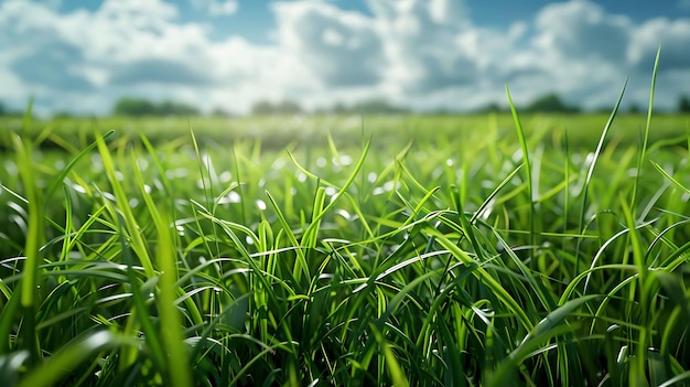 Close-up di un campo di erba verde con sfondo sfocato concetto di natura fresca primaverile o estiva