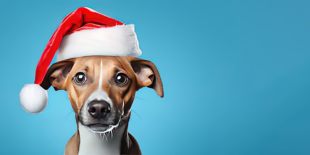 Close-up di un cane espressivo che indossa un cappello di Babbo Natale su uno sfondo blu con spazio di copia