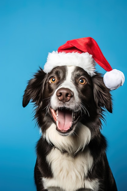 Close-up di un cane espressivo che indossa un cappello di Babbo Natale su uno sfondo blu