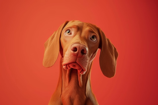 Close-up di un cane ungherese piegato su uno sfondo rosso