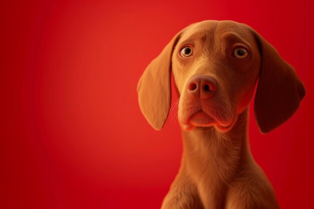 Close-up di un cane ungherese piegato su uno sfondo rosso