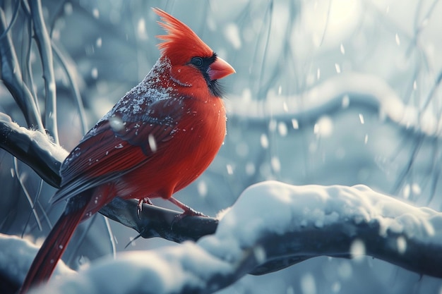 Close-up di un cardinale rosso appoggiato su una neve coperta