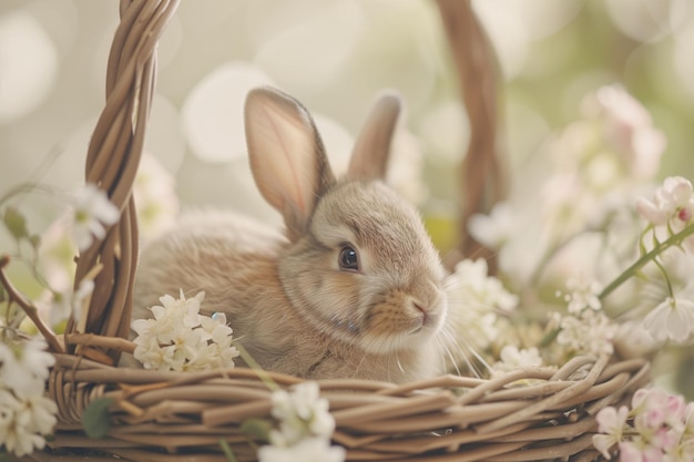 close up di un carino coniglietto di Pasqua in un cesto di legno con fiori ai generati