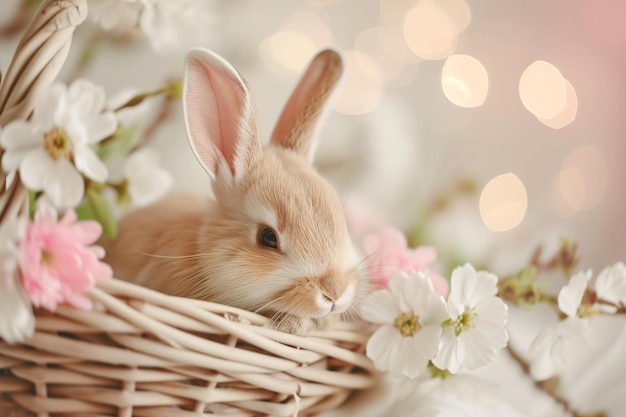 close up di un carino coniglietto di Pasqua in un cesto di legno con fiori ai generati