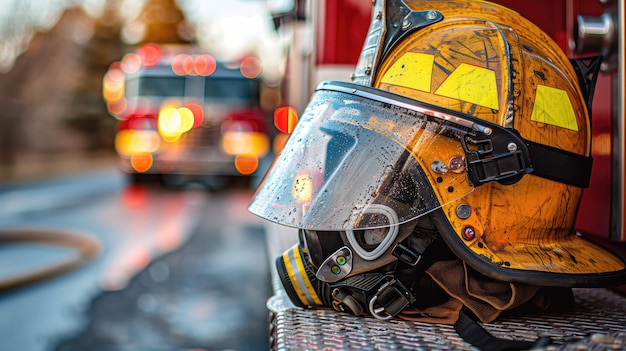 Close-up di un casco dei vigili del fuoco ben indossato con un camion dei vigili dell'incendio sullo sfondo