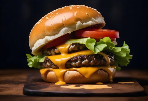Close up di un cheeseburger con lattuga, pomodoro, formaggio fuso e salsa su una superficie di legno