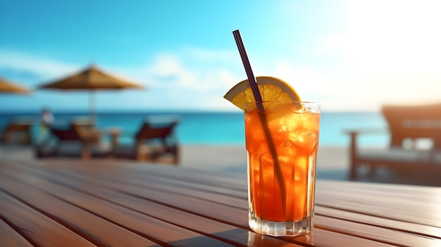 Close-up di un cocktail su una tavola di legno vicino alla spiaggia