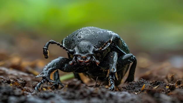 Close-up di un coleottero dello sterco con il torace piegato verso il suolo e le potenti mandibole