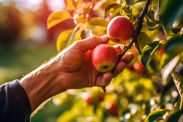 Close up di un contadino che raccoglie mele rosse con le mani di un uomo.