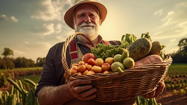 Close-up di un contadino che tiene un cesto di verdure fresche in giardinoAIGenerative AI