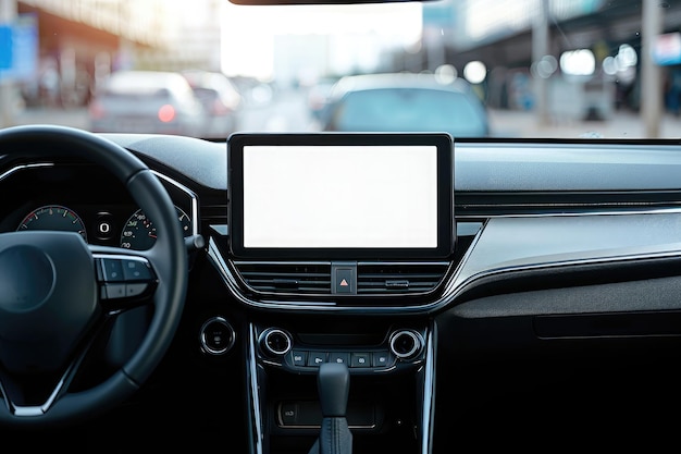 Close-up di un cruscotto di un veicolo moderno con uno schermo di infotainment vuoto