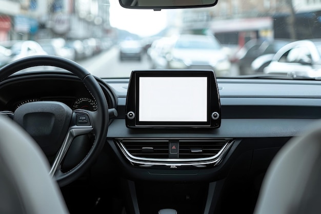 Close-up di un cruscotto di un veicolo moderno con uno schermo di infotainment vuoto