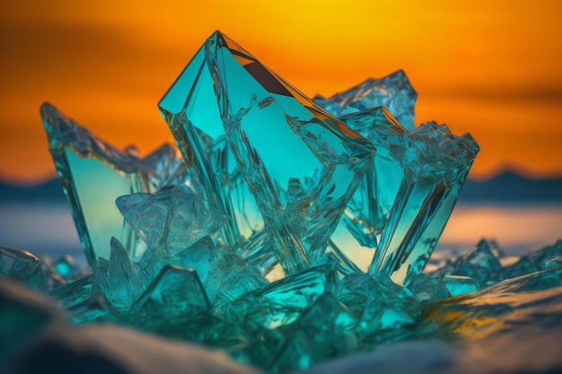 Close-up di un cubo di ghiaccio sulla spiaggia sullo sfondo del tramonto Focus selettivo ai generato