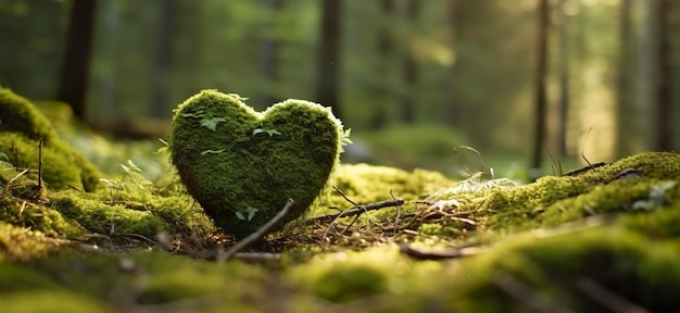 Close-up di un cuore di legno sul muschio Tomba di sepoltura naturale nel bosco AI generativa