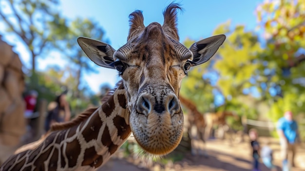 Close-up di un curioso viso di giraffa con dettagli vividi in un ambiente sereno dello zoo circondato da