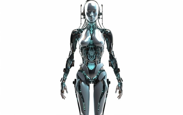 Close-up di un cyborg droide umanoide che assomiglia a una donna senza vestiti con intelligenza artificiale