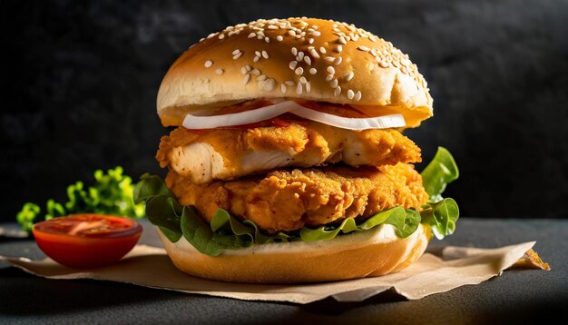 Close-up di un delizioso hamburger di pollo fresco e gustoso un gustoso fast food