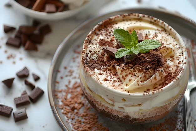 Close-up di un dessert con patatine di cioccolato su un piatto