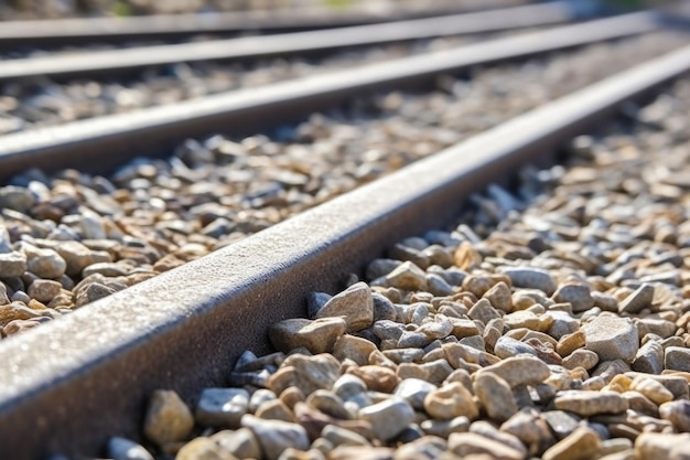 Close-up di un dettaglio del binario ferroviario con pietre di grano