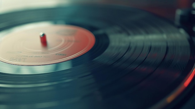 Close-up di un disco in vinile con punta rossa che suona su un giradischi