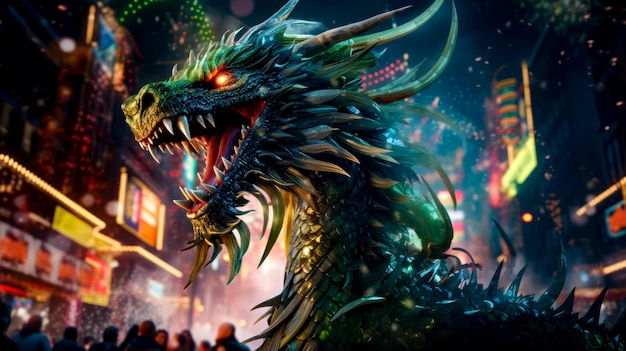 Close-up di un drago in una strada della città con fuochi d'artificio sullo sfondo