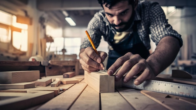 Close-up di un falegname che misura un blocco di legno con un righello e una matita su un banco di lavoro di legno