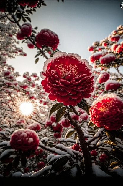 Close up di un fiore con la neve su di esso ai generativa